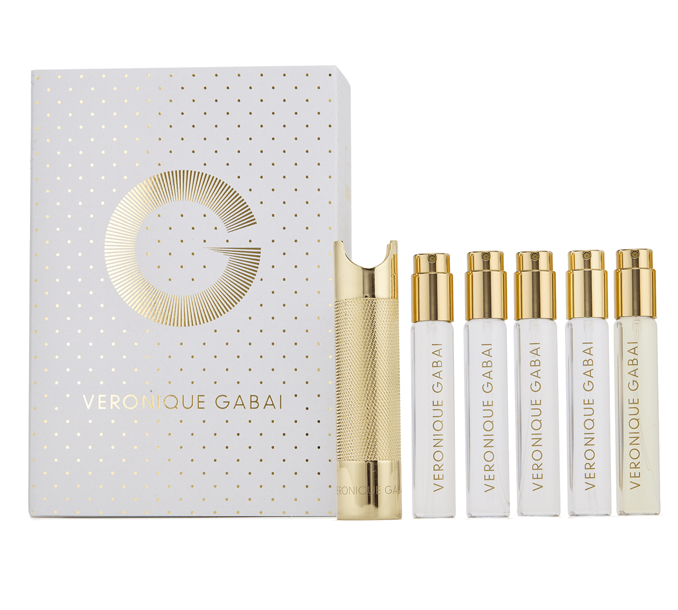 VG Travel Collection set: 5 10ml perfume sprays with a gold travel case displayed next to its packaging.